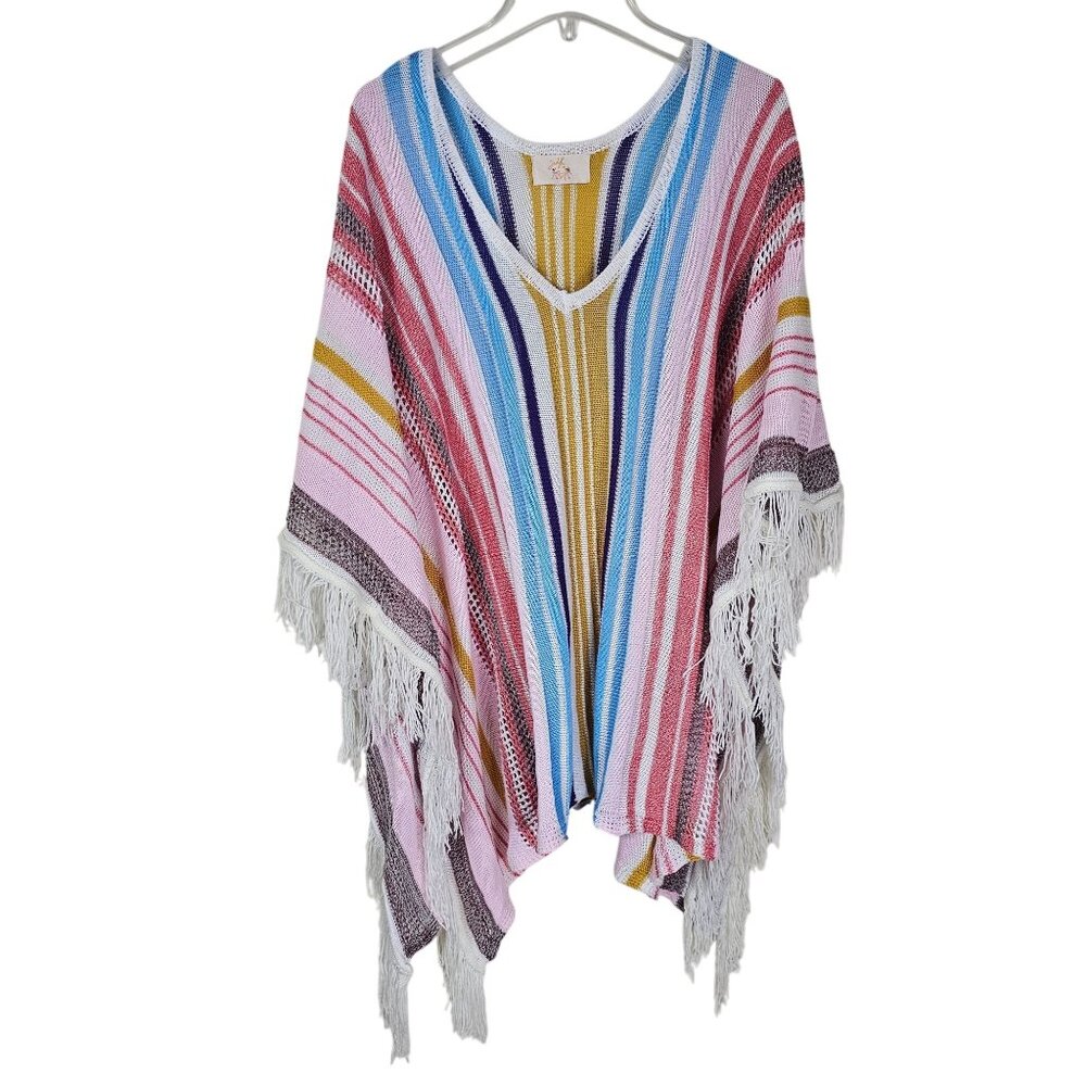 Festival Multicolor Striped Rainbow Fringe Poncho Cape Shawl Boho Beach Coverup